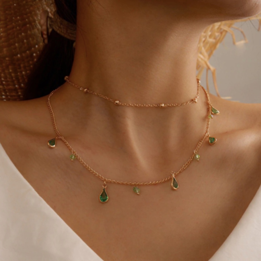Water Drop Green Tear Shaped Layered Gold Necklace